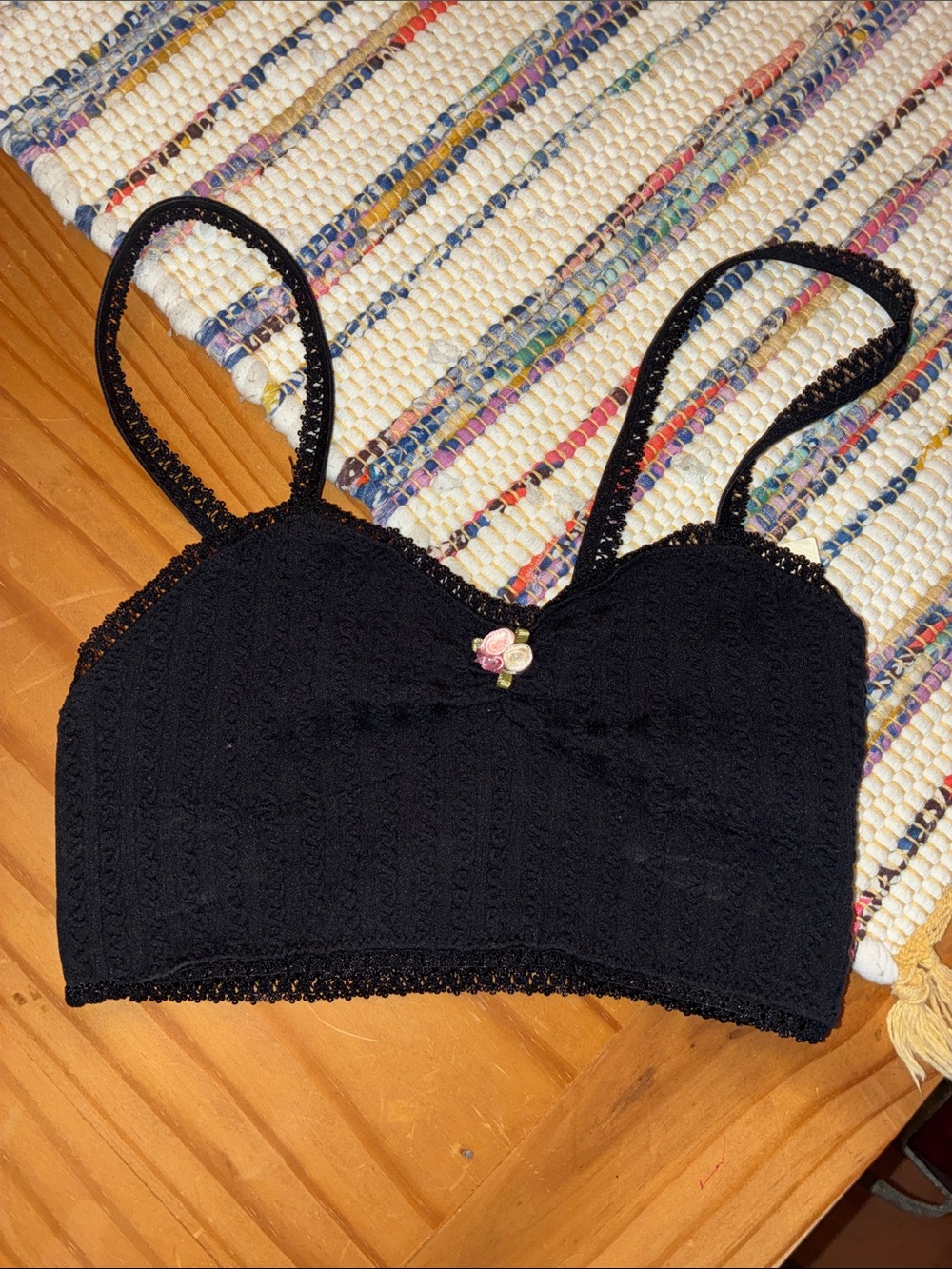 Free People Intimately Black Lace Bralette with Pink Flower Accent, XS/S NWT